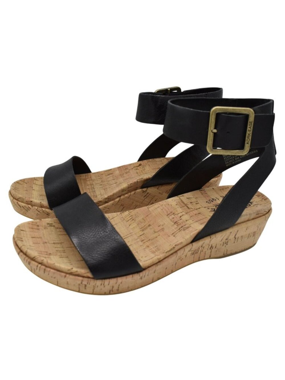 Kork-Ease Women 9 Mullica Black Full Grain Leather Platform Ankle Strap Sandals